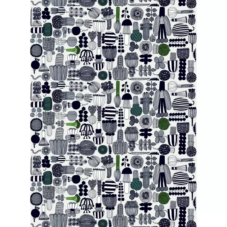 Marimekko Puutarhurin Parhaat Puuvillakangas, kitti, vihreä, musta - Marimekko Kankaat - 6411255043270 - 1