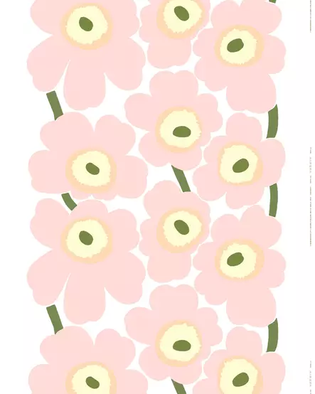 Marimekko Unikko Puuvillasatiinikangas, luonnonvalkoinen, vaaleanpunainen, vaaleankeltainen, vihreä - Marimekko Kankaat - 6411255075103 - 1