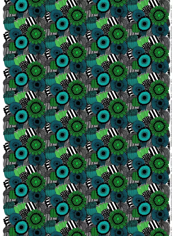 Marimekko Pieni Siirtolapuutarha Puuvillakangas, valkoinen, vihreä, musta - Marimekko Kankaat - 6411255043263 - 1