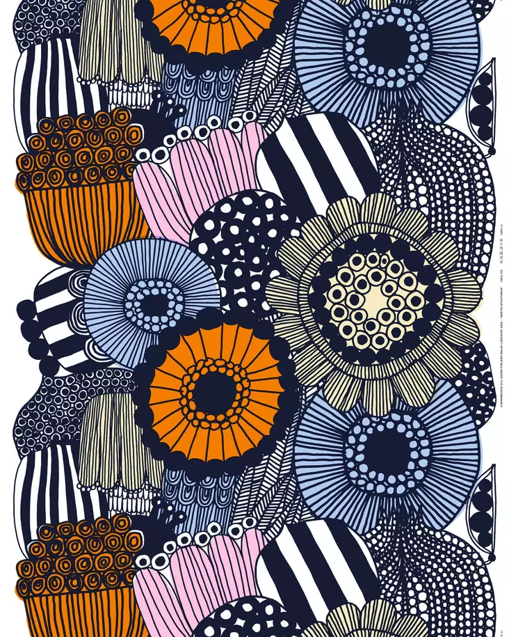 Marimekko Siirtolapuutarha Puuvillakangas, valkoinen, vaaleankeltainen, oranssi, vaaleansininen - Marimekko Kankaat - 6411254987933 - 1