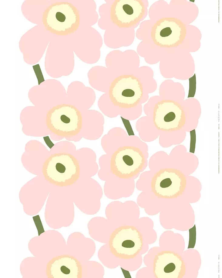 Marimekko Unikko Puuvillasatiinikangas, luonnonvalkoinen, vaaleanpunainen, vaaleankeltainen, vihreä - Marimekko Kankaat - 6411255075103 - 1