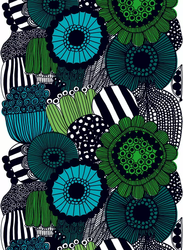 Marimekko Siirtolapuutarha Puuvillakangas, valko, vihreä, musta - Marimekko Kankaat - 6411253232324 - 1