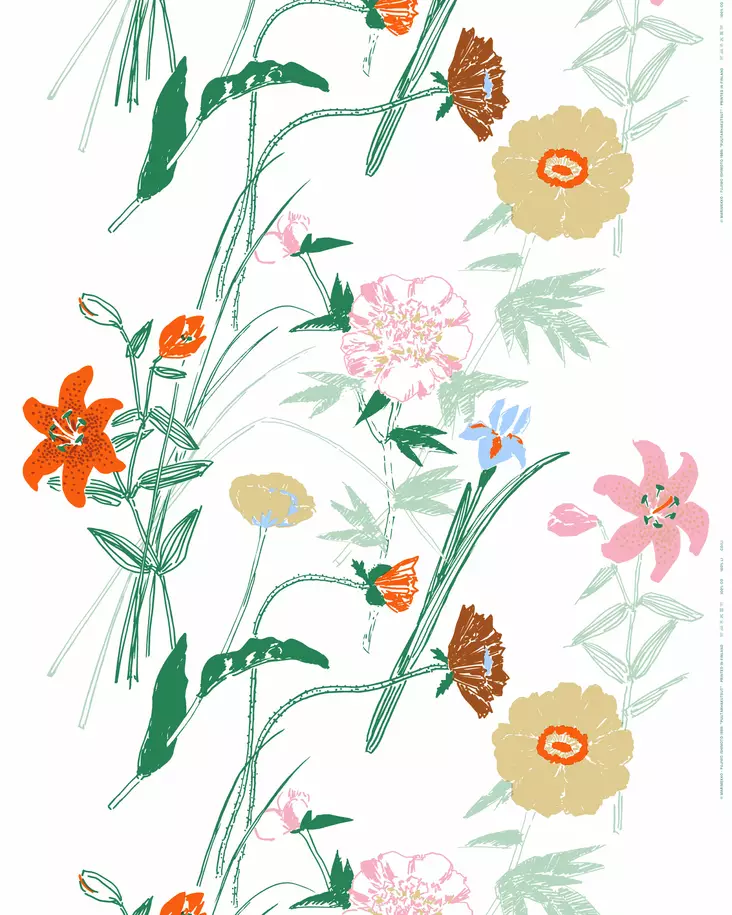 Marimekko Puutarhakutsut Puuvillakangas, valkoinen, vihreä, oranssi, beige - Marimekko Kankaat - 6411254987445 - 1