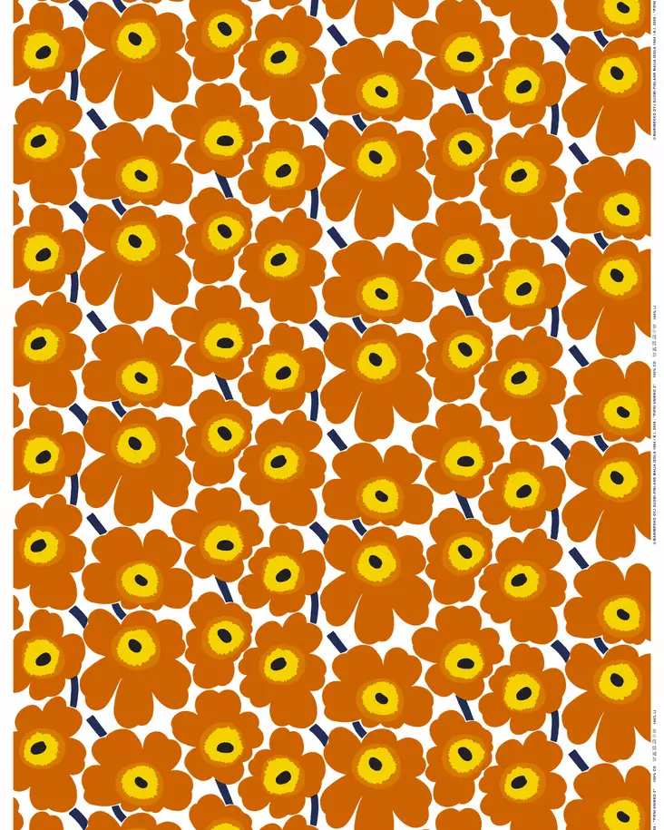 Marimekko Pieni Unikko Puuvillakangas, valkoinen, oranssi, tummansininen - Marimekko Kankaat - 6411254992845 - 1