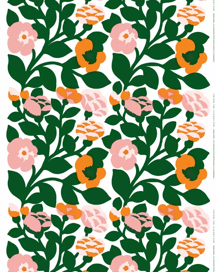 Marimekko Green Green Puuvillakangas, valkoinen, vihreä, vaaleanpunainen - Marimekko Kankaat - 6411254981856 - 1