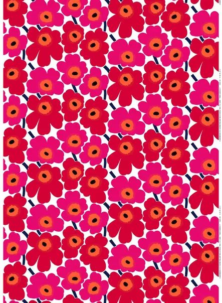 Marimekko Pieni Unikko Puuvillakangas, valkoinen, punainen, pinkki - Marimekko Kankaat - 6411255042617 - 1