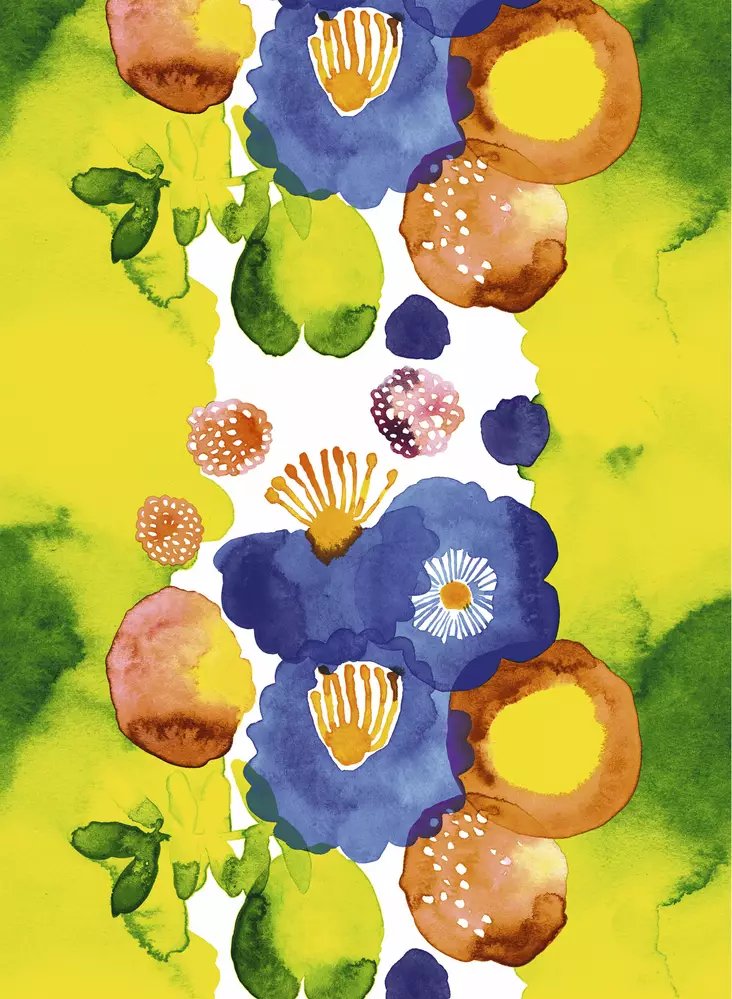 Marimekko Juhannustaika Puuvillakangas, valkoinen, sininen, vihreä, punainen - Marimekko Kankaat - 6411254149058 - 1