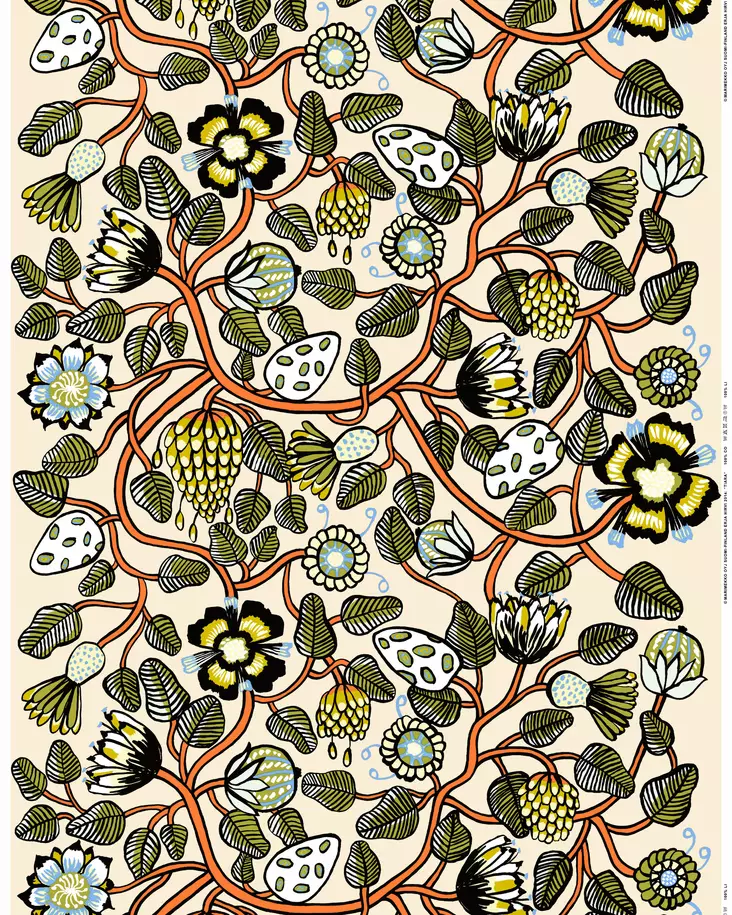 Marimekko Tiara Puuvillakangas, hiekka, lämmin oranssi, vihreä - Marimekko Kankaat - 6411255015758 - 1
