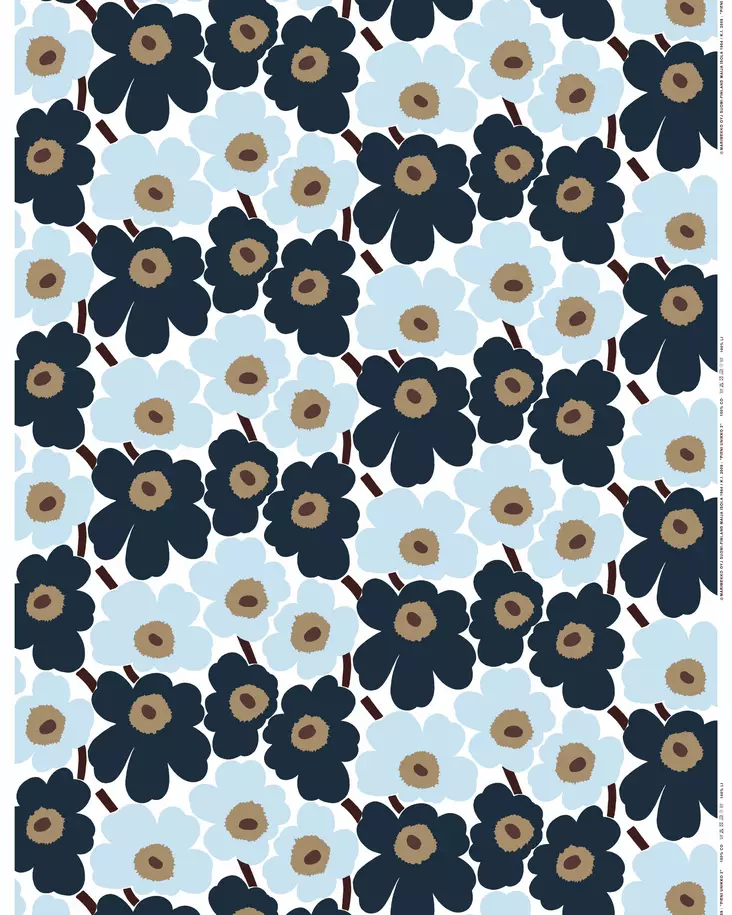 Marimekko Pieni Unikko Puuvillakangas, valkoinen, mustikka, kylmä sininen - Marimekko Kankaat - 6411255125228 - 1