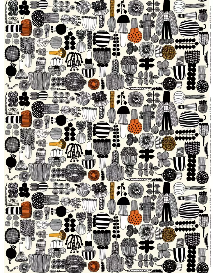 Marimekko Puutarhurin Parhaat Akryylipinnoitettu Puuvillakangas, valkoinen, musta, oranssi - Marimekko Akryylipinnoitettu Kangas - 6411255106678 - 1