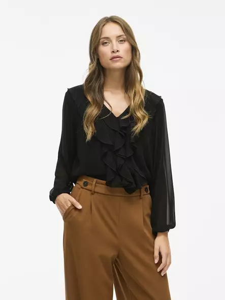 VILA Ane Röyhelöinen Pitkähihainen Paita - Kangaspaidat - NOS14114604BLACK - 1