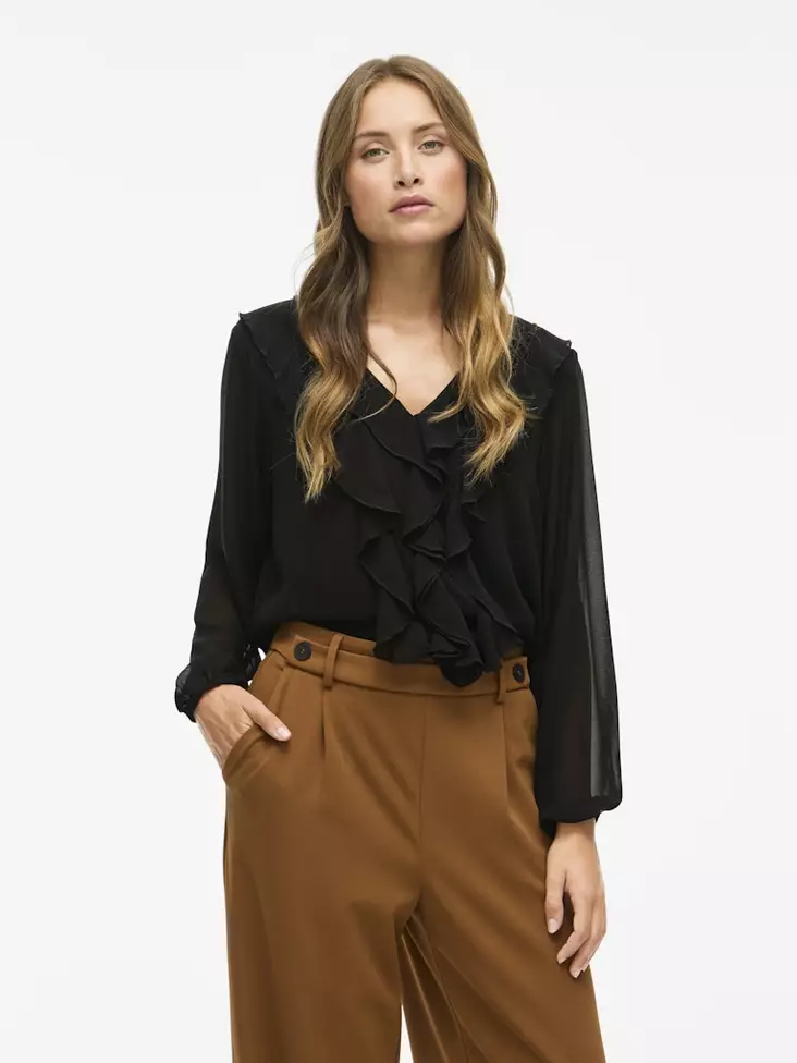 VILA Ane Röyhelöinen Pitkähihainen Paita - Kangaspaidat - NOS14114604BLACK - 1