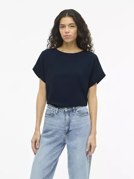 VILA VIJOSA Lyhythihainen Toppi Pyöreä Pääntie - Trikoopaidat ja Collegepaidat - NOS14101663NAVYBL - 1