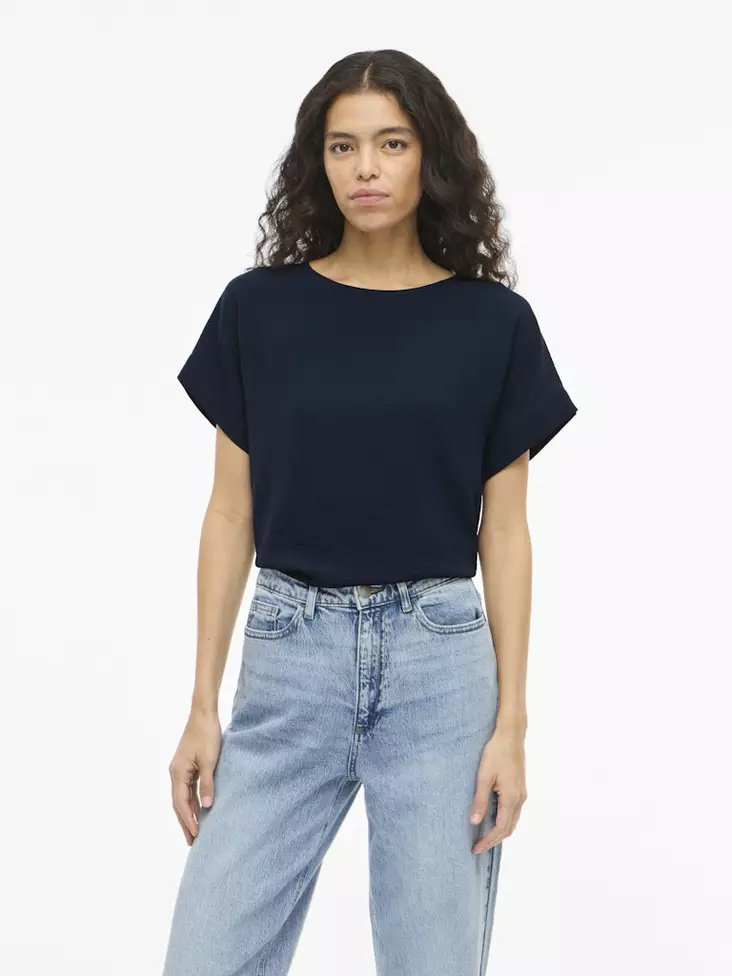 VILA VIJOSA Lyhythihainen Toppi Pyöreä Pääntie - Trikoopaidat ja Collegepaidat - NOS14101663NAVYBL - 1